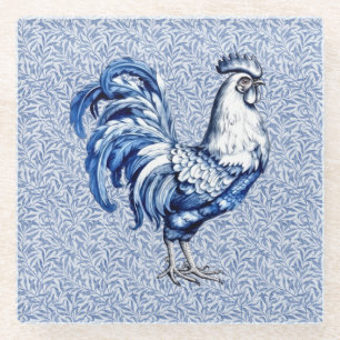 Dessous-de-verre En Verre Bleu Delft Et Poulet Blanc Rooster