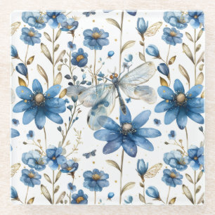 Dessous-de-verre En Verre Bleu dragonfly et fleurs Floral Drink Coasters