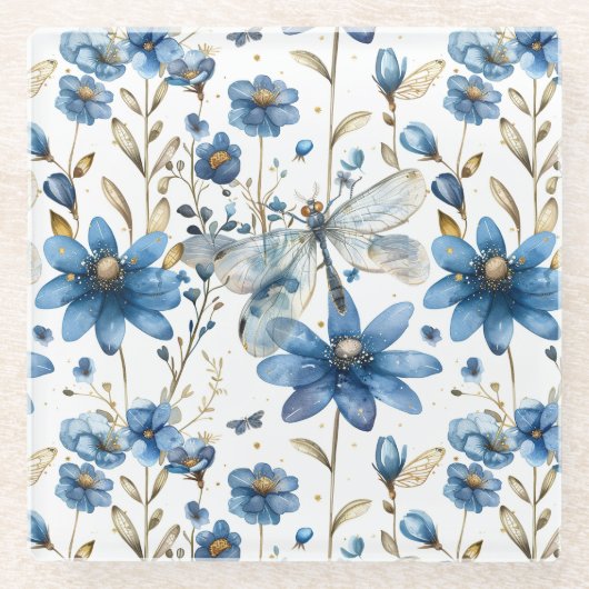 Dessous-de-verre En Verre Bleu dragonfly et fleurs Floral Drink Coasters (Devant)