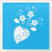 Dessous-de-verre En Verre Bleu folk Coeur portugais en fleurs (Devant)