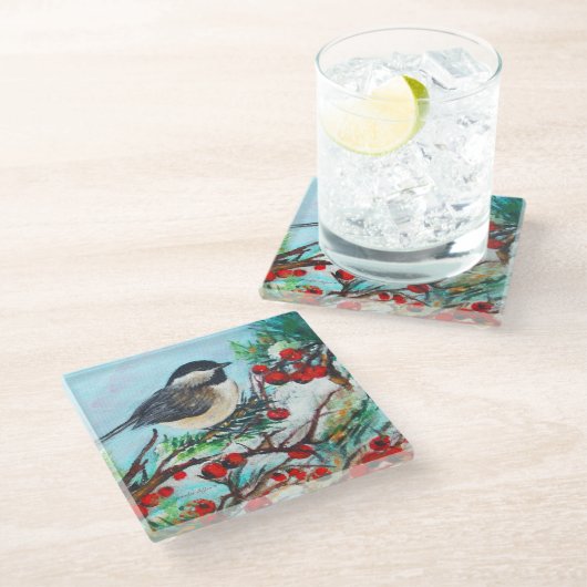 Dessous-de-verre En Verre Boeuf Chickadee D'Hiver Avec Baies (Incliné)