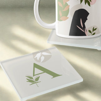 Dessous-de-verre En Verre Boho Monogram Glass Coaster | Sage Green & Cream