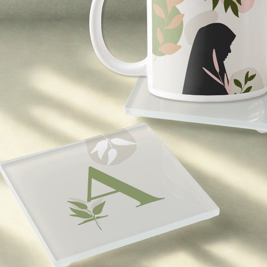 Dessous-de-verre En Verre Boho Monogram Glass Coaster | Sage Green & Cream