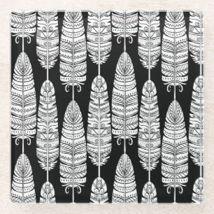 Dessous-de-verre En Verre Boho plumes : motif noir et blanc