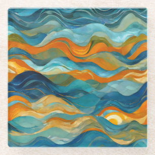 Dessous-de-verre En Verre "Bolonia" Bleu Vert Orange Vagues