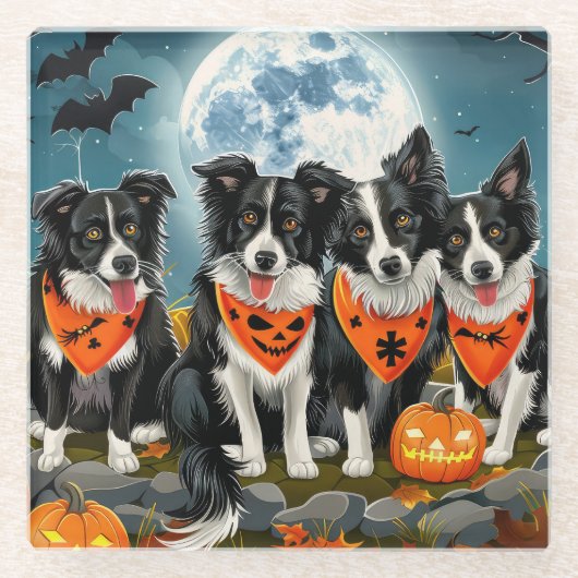 Dessous-de-verre En Verre Bordure Collie Halloween Éffrayant (Devant)