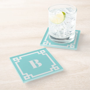 Dessous-de-verre En Verre Bordure grecque en carré blanc monogramme bleu aqu