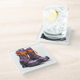 DESSOUS-DE-VERRE EN VERRE BOTTES VICTORIENNES POUR HALLOWEEN VIOLETTES ET OR