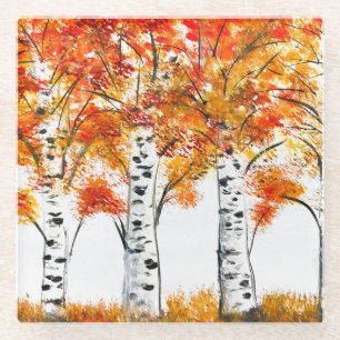 Dessous-de-verre En Verre Bouleaux à l'aquarelle Arbres Automne Feuilles ora
