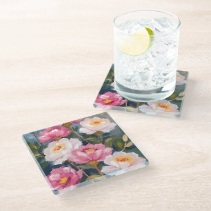 Dessous-de-verre En Verre Bouquet de fleurs de pivoines roses aquarelle