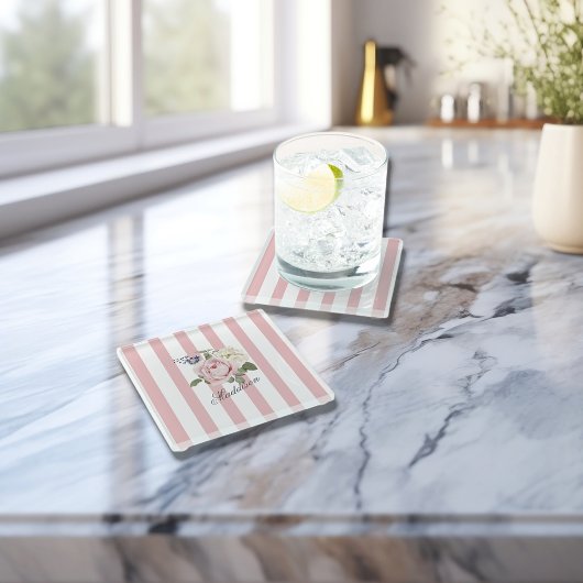 Dessous-de-verre En Verre Bouquet de roses rayées rose-chic du pays Monogram