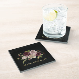 Dessous-de-verre En Verre Bouquet d'hiver Paix Amour et Joie Noir Vacances