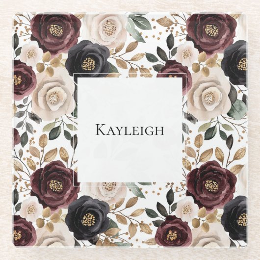 Dessous-de-verre En Verre Bourgogne chic floral crème   (Devant)