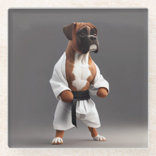 Dessous-de-verre En Verre Boxer Dog Jouer Karate, Boxer Dog Karate Joueur