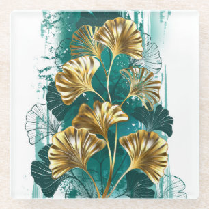 Dessous-de-verre En Verre Branche avec Feuilles d'or Ginko Biloba