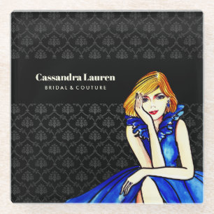 Dessous-de-verre En Verre Bridal Dark Royal Blue Cocktail Gown Black Damask