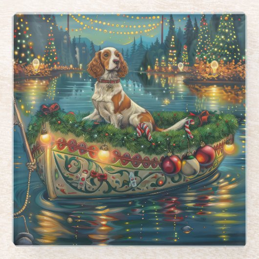 Dessous-de-verre En Verre Brittany Spaniel Noël Festive Voyage (Devant)