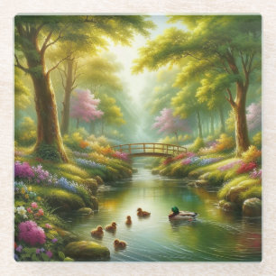 Dessous-de-verre En Verre Brook de printemps avec canards/fleurs