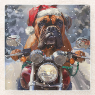 Dessous-de-verre En Verre Bullmastiff Chien à moto Noël