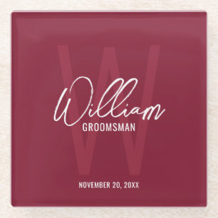 Dessous-de-verre En Verre Burgundy Red Script Personnalisé Groomsman's Name