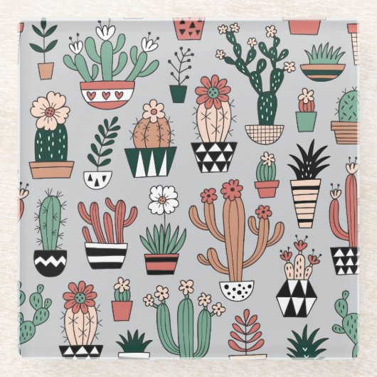 Dessous-de-verre En Verre Cactus en fleurs mignons : Motif à main (Devant)