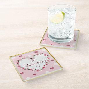 Dessous-de-verre En Verre Cadeaux de la Saint-Valentin Cœurs Floraux de Rose