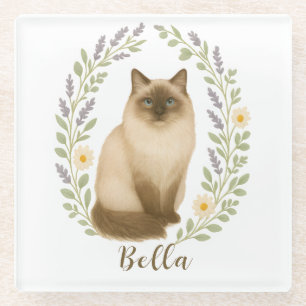 Dessous-de-verre En Verre Cadre de chat Ragdoll floral avec nom personnalisé