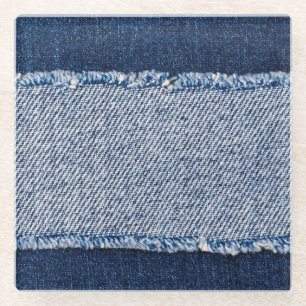 Dessous-de-verre En Verre Cadre de jean bleu denim fringé.
