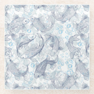 Dessous-de-verre En Verre Calage Motif de poissons 02.Bleu foncé.b Non BG