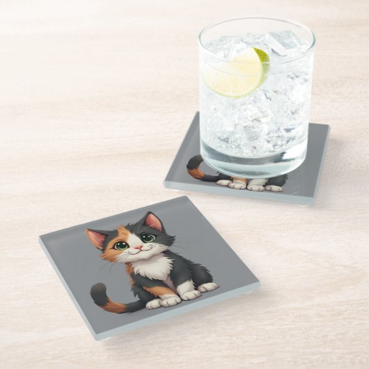 Dessous-de-verre En Verre Calico Kitten Whimsical avec attitude (Incliné)