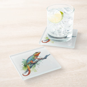 Dessous-de-verre En Verre caméléon sur une branche aquarelle couleurs vives
