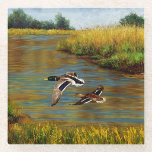 Dessous-de-verre En Verre Canards-Majards Survolant L'Étang