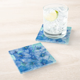 Dessous-de-verre En Verre Carré de peinture Fleur sauvage Gentien bleu