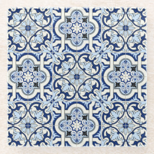 Dessous-de-verre En Verre Carreaux marocains : Bleus Motifs magnifiques.