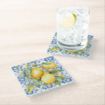 Dessous-de-verre En Verre Carrelage et citrons d'aquarelle italien bleu et b<br><div class="desc">Carrelage bleu et blanc italien motif et citrons</div>