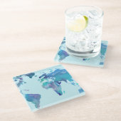 Dessous-de-verre En Verre Carte bleue du monde d'aquarelle (Incliné)