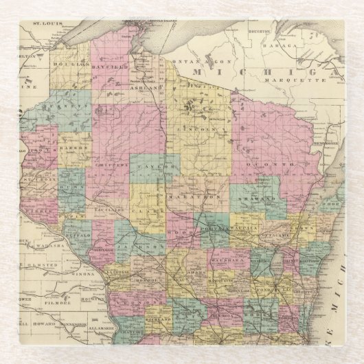 Dessous-de-verre En Verre Carte de l'état du Wisconsin (Devant)