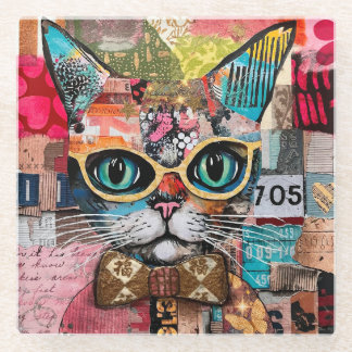 Dessous-de-verre En Verre Cat Mixed Mixed Paper Collage 