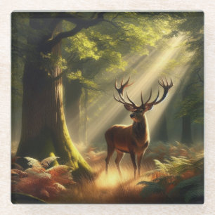 Dessous-de-verre En Verre Cerf dans la forêt matinale
