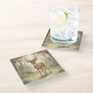 Dessous-de-verre En Verre Cerf mignon vintage dans la forêt
