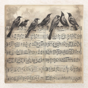 Dessous-de-verre En Verre chant d'oiseaux assis sur une composition musicale