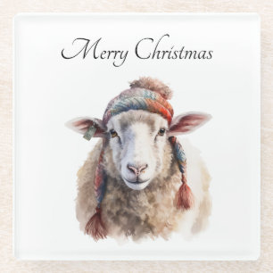 Dessous-de-verre En Verre Chapeau d'hiver Mouton de Noël Texte personnalisé
