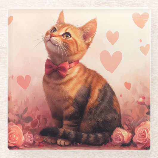 Dessous-de-verre En Verre Chat abyssinien avec Rose - Saint Valentin (Devant)