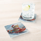Dessous-de-verre En Verre Chat abyssinien en sledge laissez-le neiger Noël (Incliné)