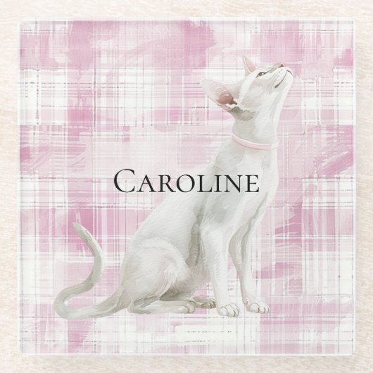 Dessous-de-verre En Verre Chat blanc à plis rose (Devant)