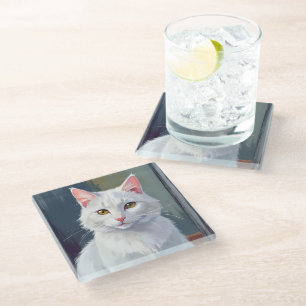 Dessous-de-verre En Verre Chat Blanc Peinture de Chat de Compagnie à l'Aqu