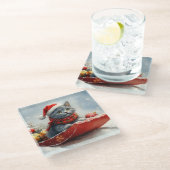 Dessous-de-verre En Verre Chat bleu russe en sangle laissez-le neiger Noël (Incliné)