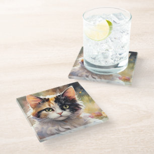 Dessous-de-verre En Verre Chat calico et papillons dans un jardin printanier