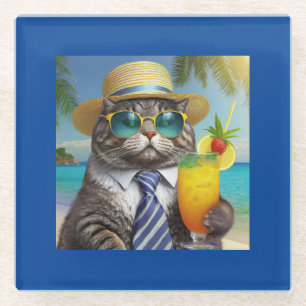 Dessous-de-verre En Verre Chat Cool amusant et boisson tropicale