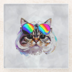 Dessous-de-verre En Verre Chat dans une perruque + Lunettes de soleil (Peint